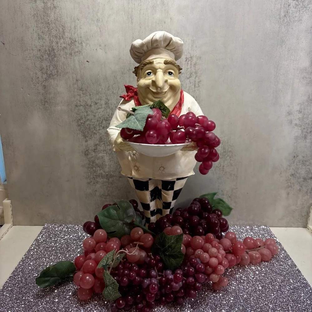Unk Ceramic Chef Figurine with Red and Pink Grapes